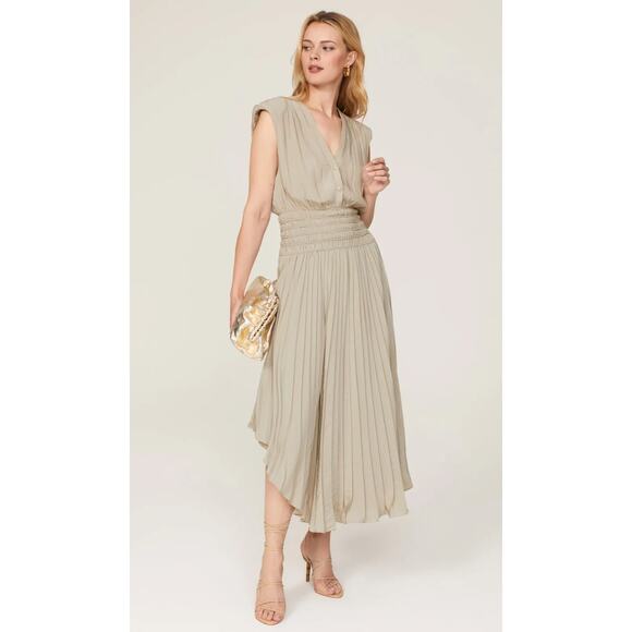 Ramy Brook Brown Crepe V-Neck Smocked Waist Midi Dress - Picture 2 of 11